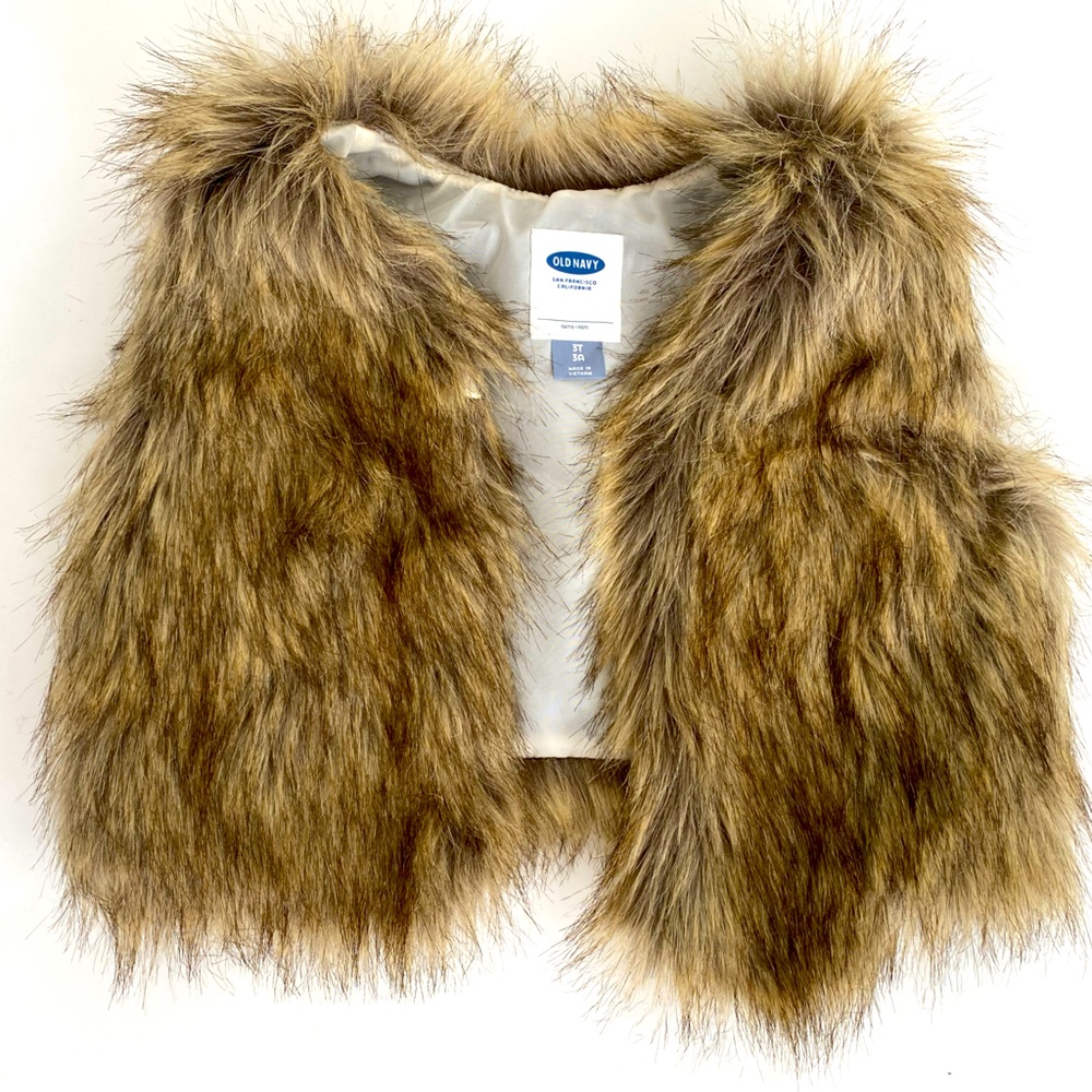Old Navy Girl’s Fake Faux Fur Vest, Brown, Tan Beige- 3T